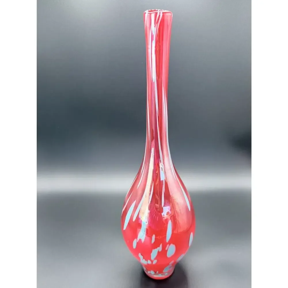 Vintage Red Swung Art Glass Vase Blue Applied Dots MCM Blown Glass 15.5”